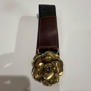 Loft flower, metal, buckle, genuine, leather S NWOT black, elastic brown leather